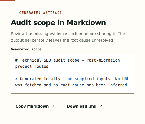 IndexLane audit scope generator displaying a generated Markdown evidence checklist.