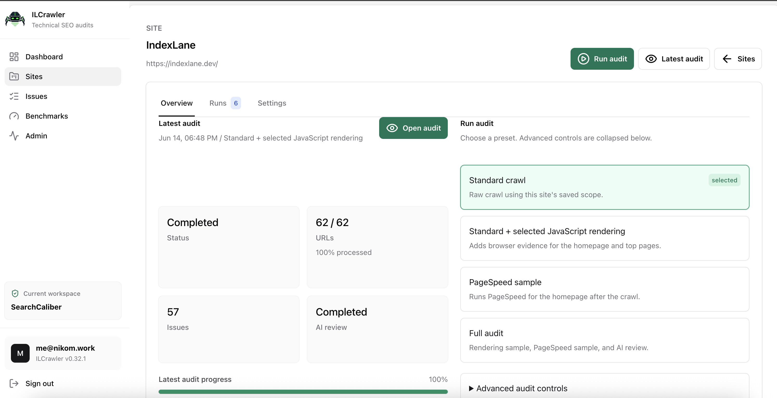 ILCrawler v0.32.1 audit setup for IndexLane with crawl, JavaScript rendering, PageSpeed, and full-audit presets.
