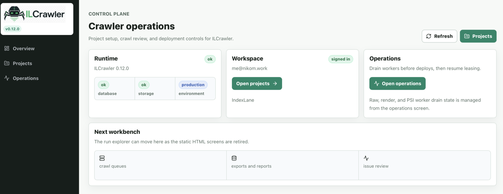 ILCrawler frontend overview showing runtime health, signed-in workspace, operations access, and next workbench lanes.