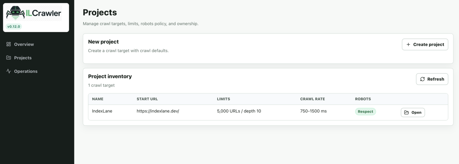 ILCrawler projects screen showing project inventory and crawl defaults for the IndexLane target.