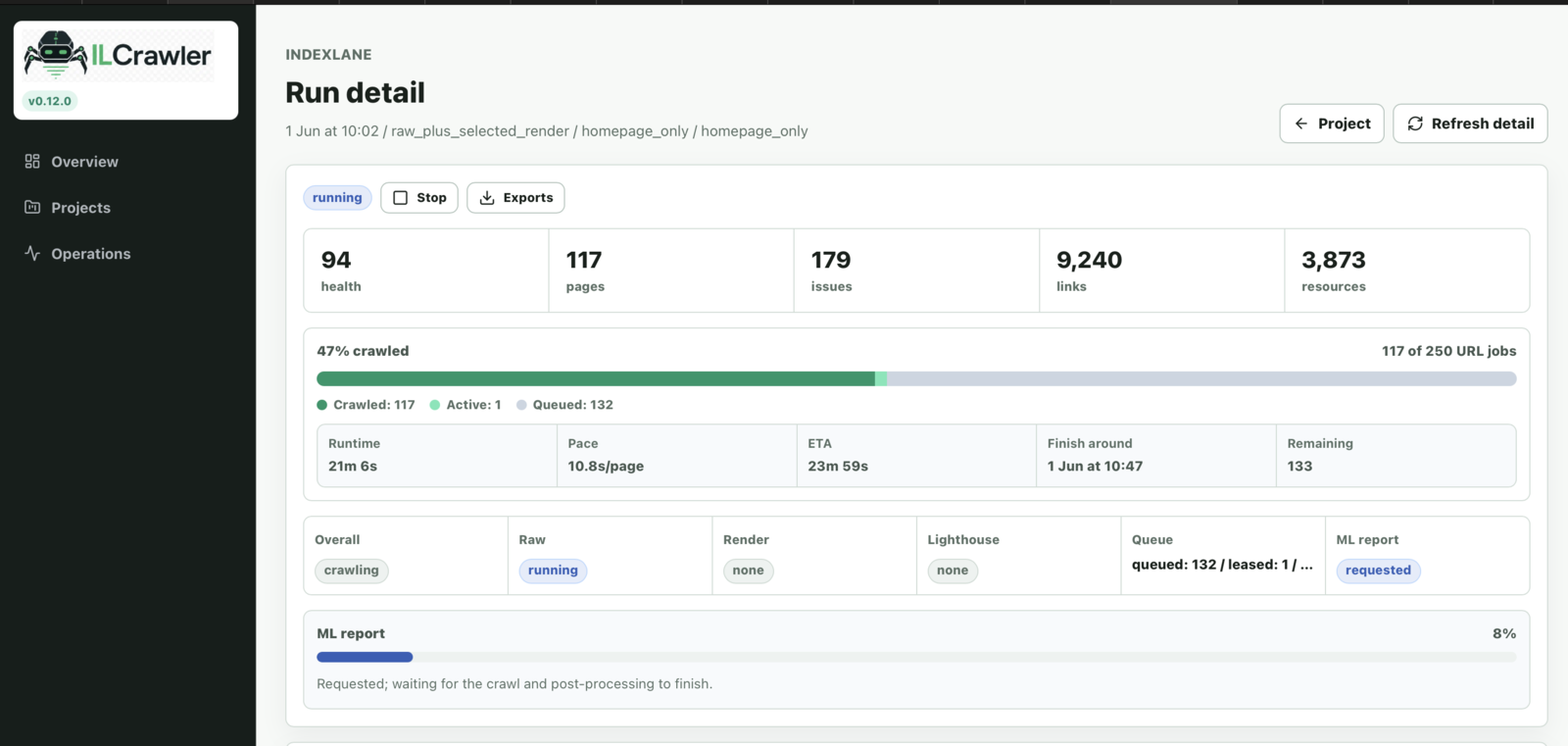ILCrawler run detail screen showing crawl progress, health, pages, issues, links, resources, and ML report progress.