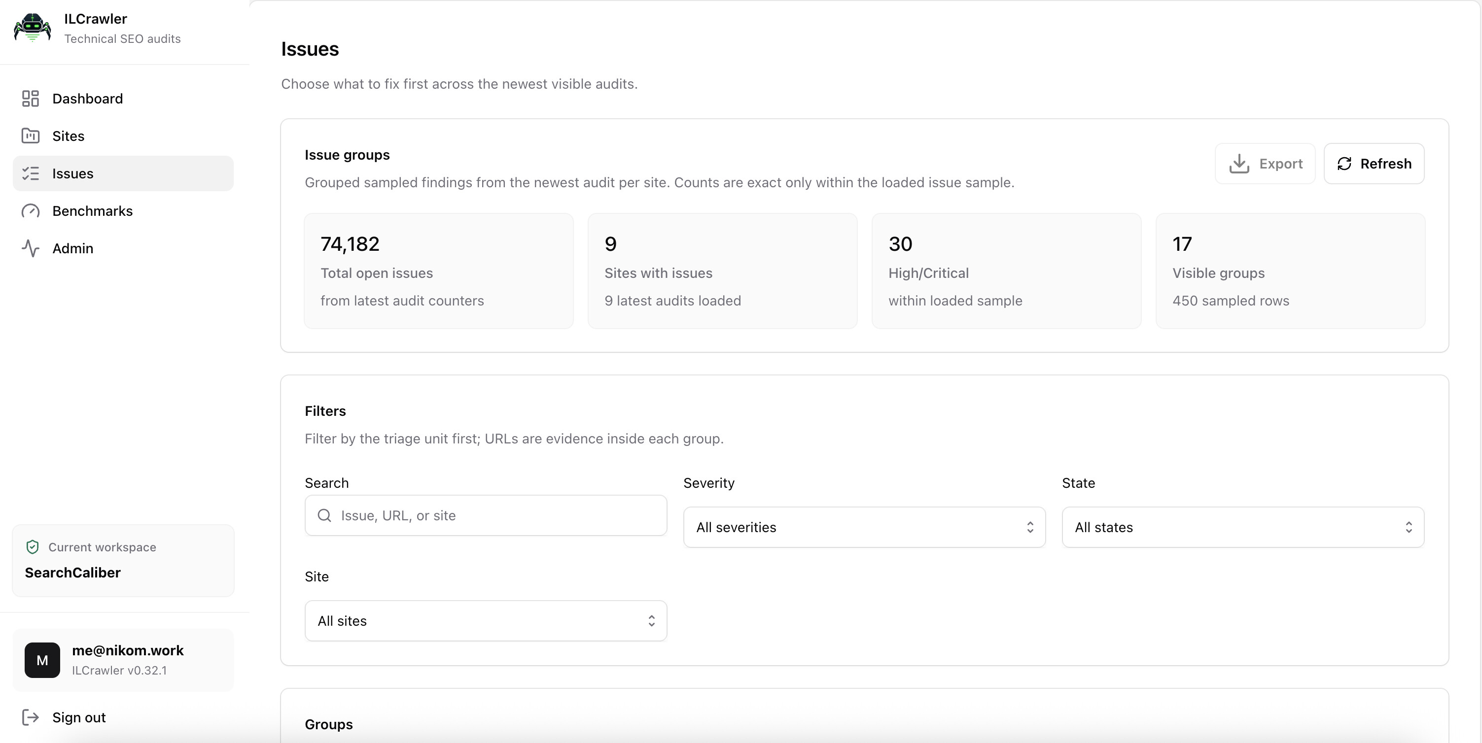 ILCrawler v0.32.1 issue groups with sampling, severity, state, and site filters.