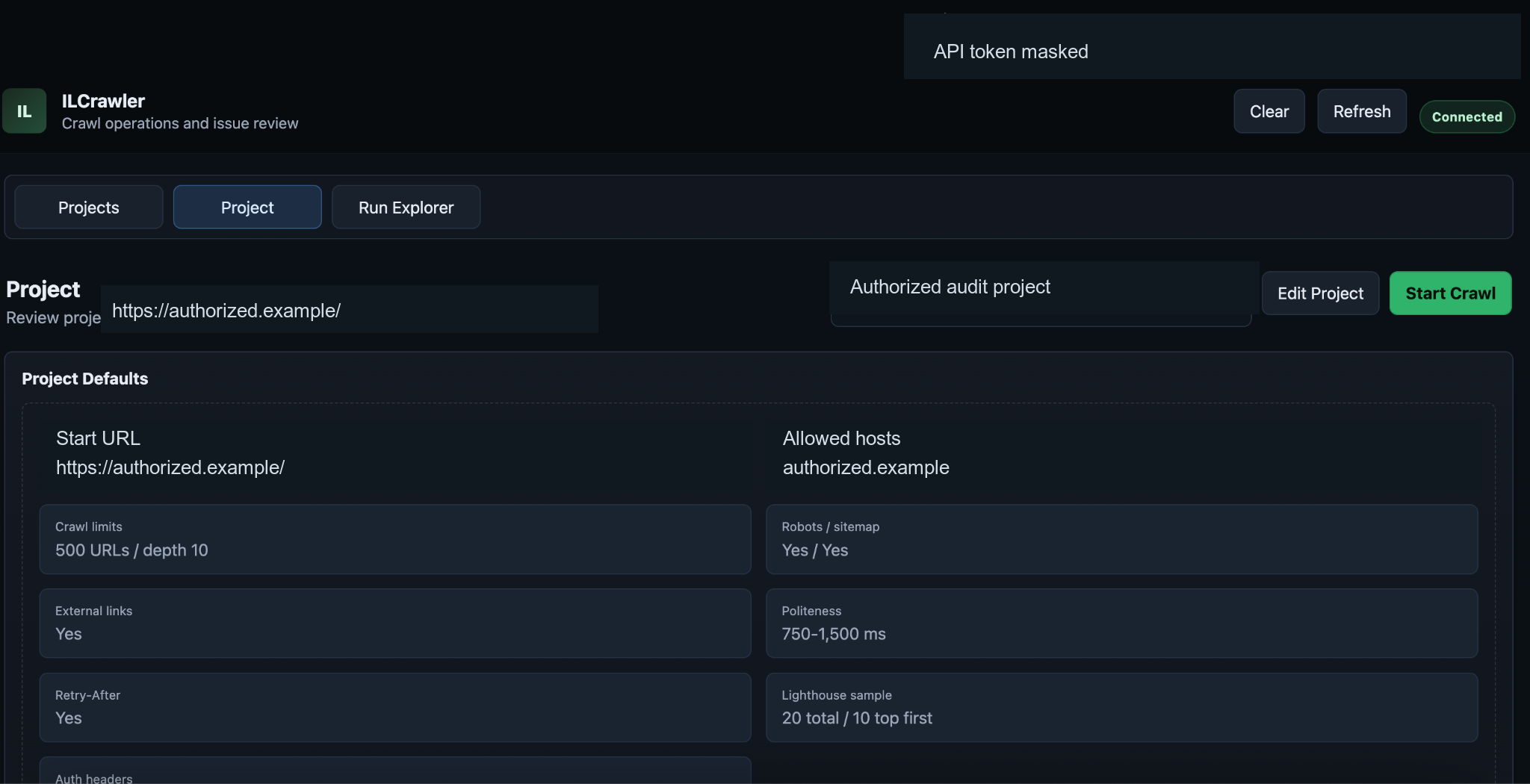 ILCrawler project configuration showing crawl limits, allowed host, robots and sitemap settings.
