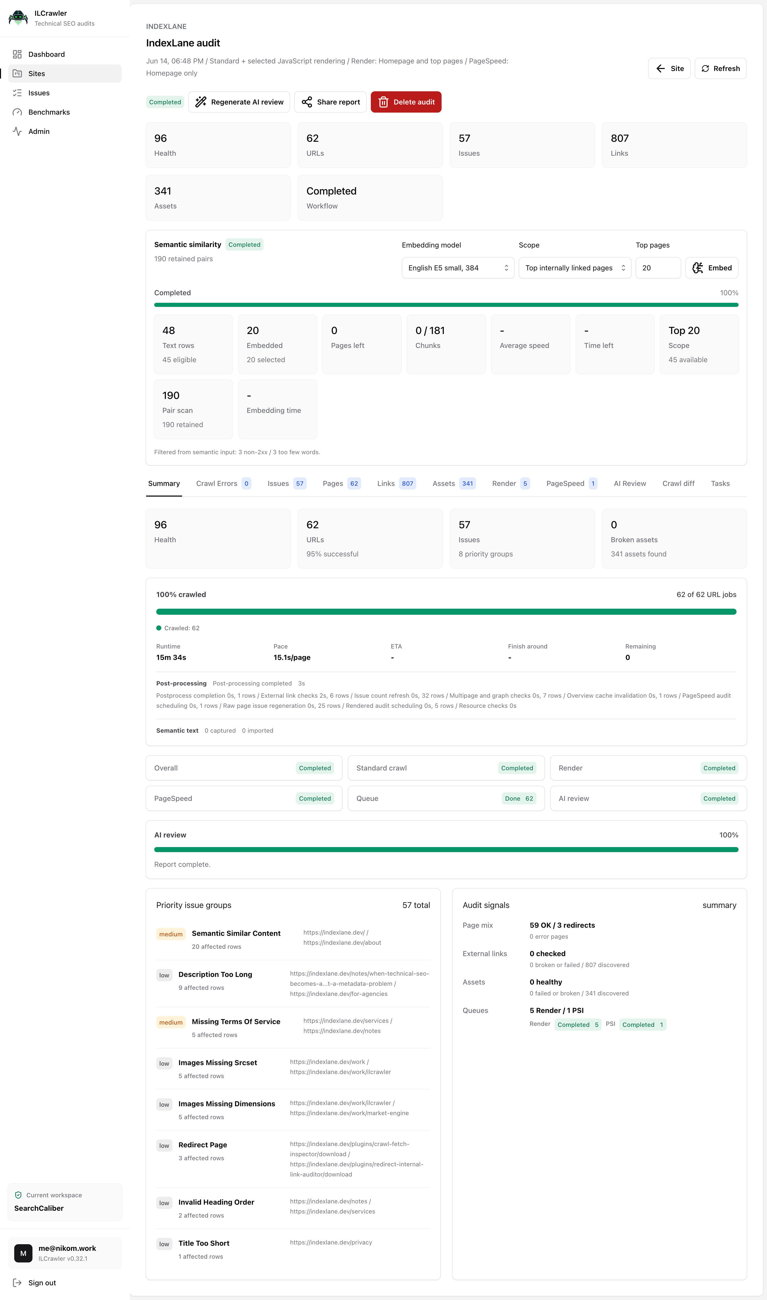 ILCrawler v0.32.1 IndexLane audit showing crawl health, URL, issue, link, asset, render, and review state.