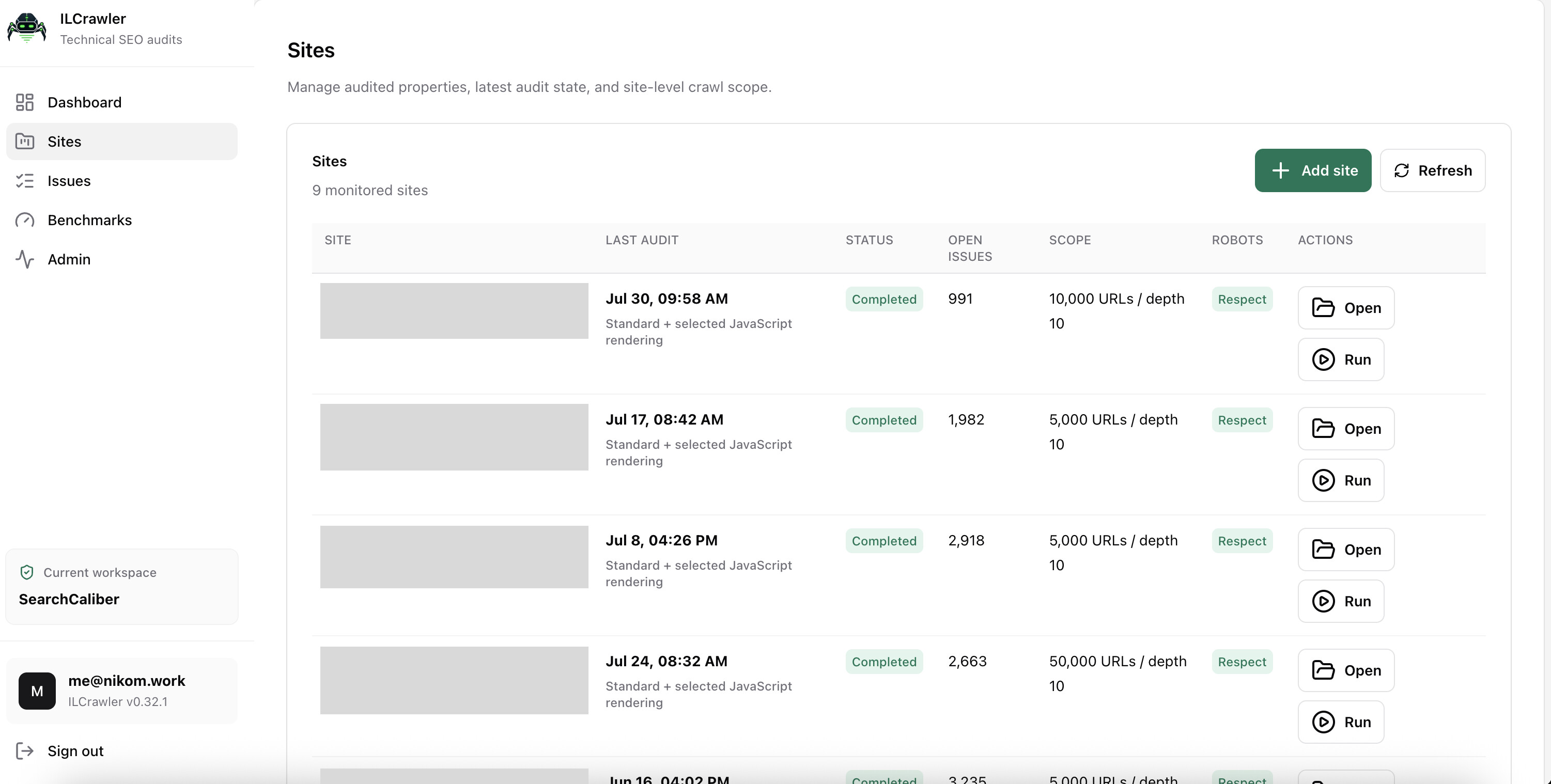 ILCrawler v0.32.1 site inventory with client identities redacted and audit state, issue count, scope, and robots handling visible.